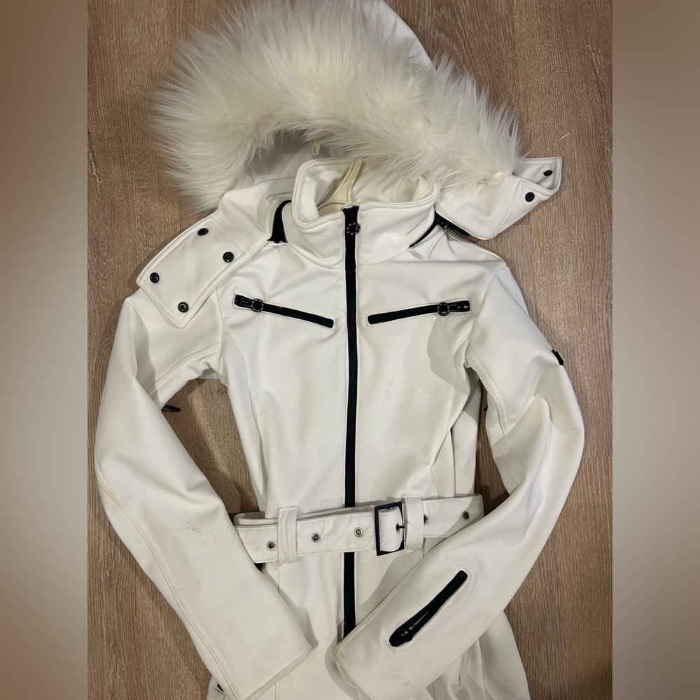 ASOS white ski suit with faux fur hood